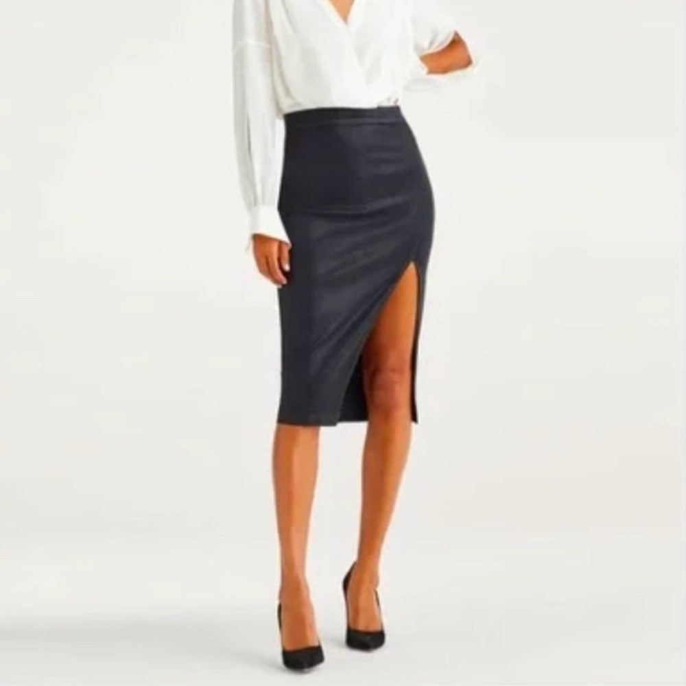7 for All Mankind B(Air) Waxed Denim Black Pencil Skirt High Slit Size 25 Waist